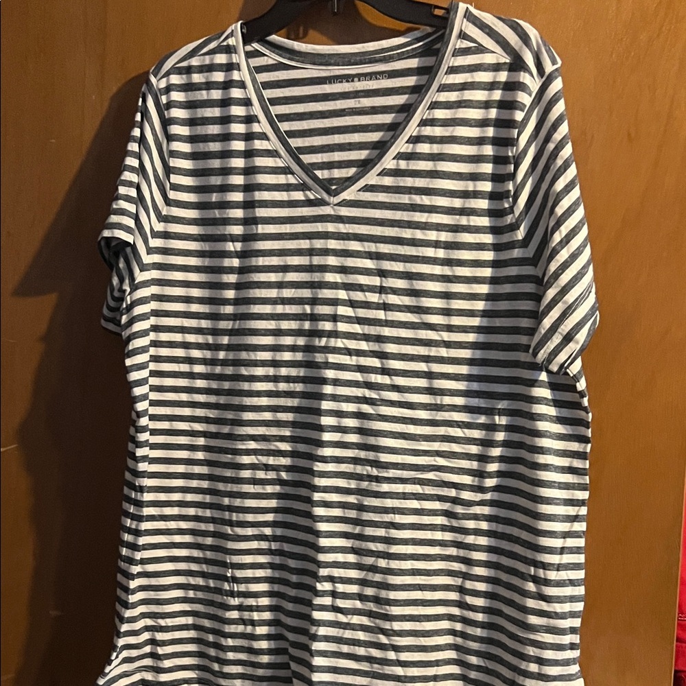 Lucky Brand Black and White Striped V-Neck Tee